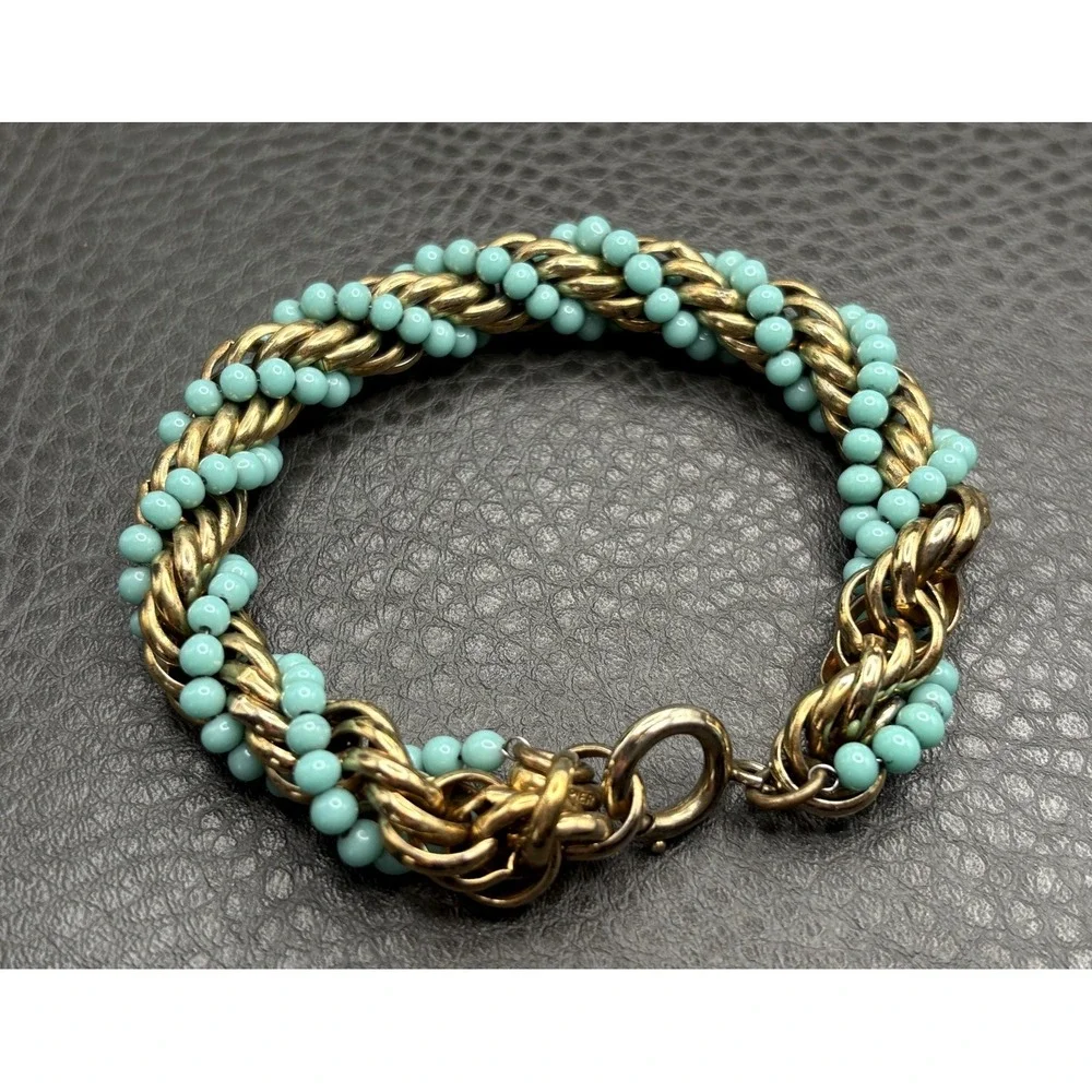 Vintage Faux Turquoise Blue Beads Thick Wide Rope Chain Bracelet Twisted 8.5